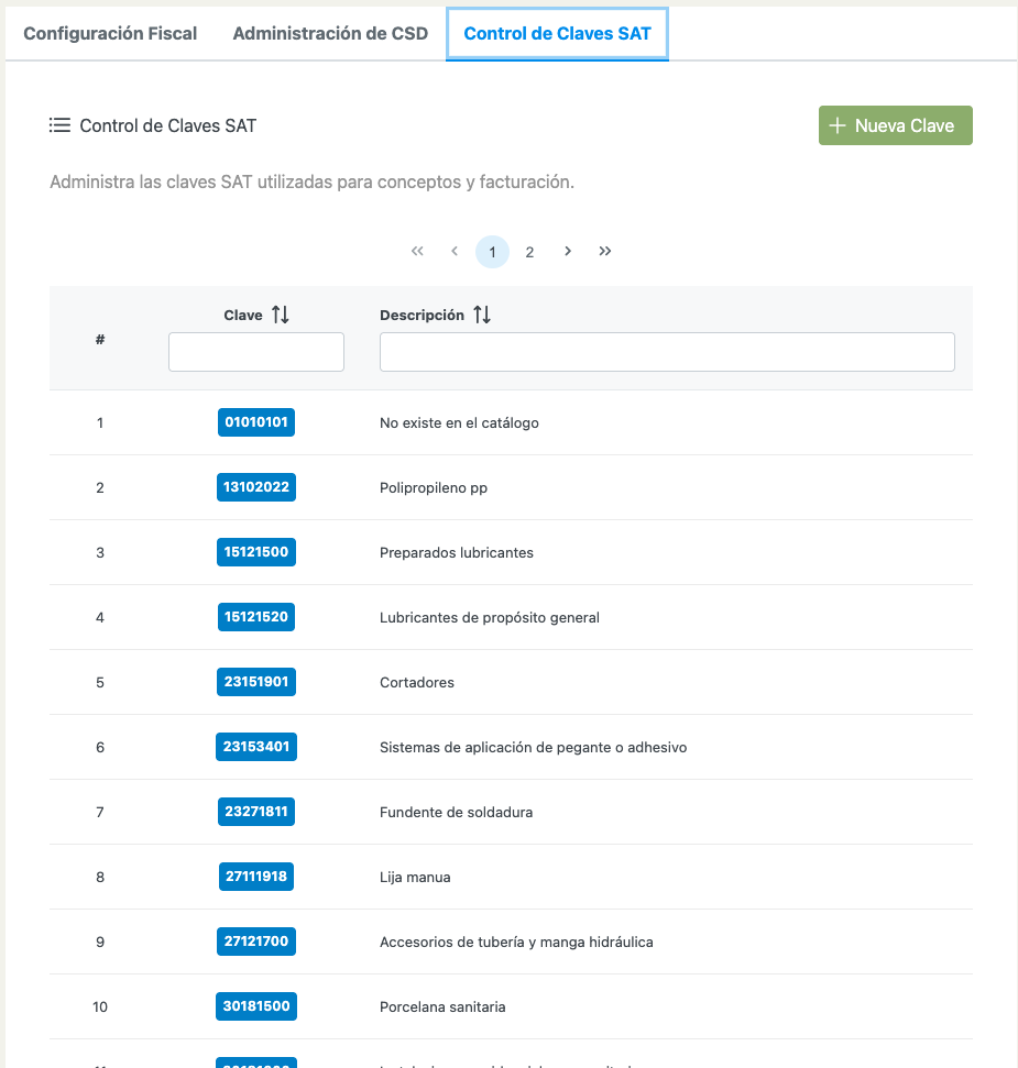 Configuración fiscal y claves SAT